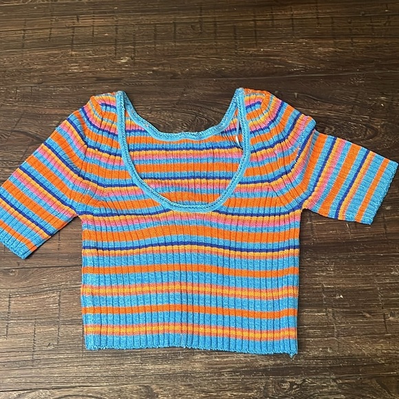 FREE PEOPLE Textured Short Sleeves Crop Sweater Striped Size Medium NWT - Picture 5 of 7